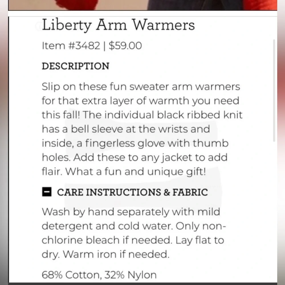 NWOT CAbi Liberty Arm Warmers Black